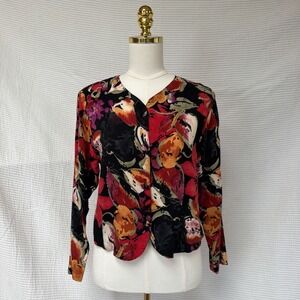 Vintage 90s Rayon Blouse Jacket Abstract Floral Print Lightweight Top Blazer M